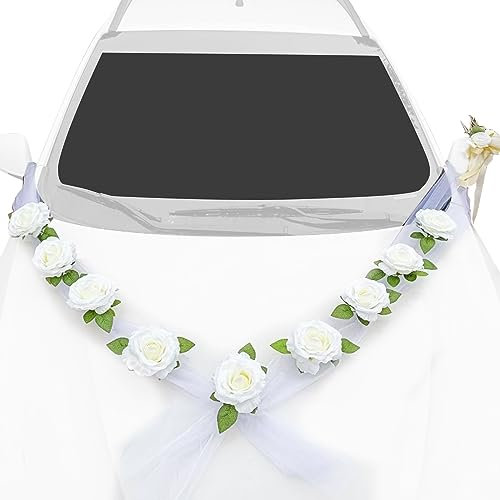 SANOU Autoschmuck Hochzeit Auto Wedding Deko Hochzeit Girlande Hochzeitsdeko Auto Girlande Hochzeitsschmuck Organza Braut Paar Rose Deko Auto für Hochzeit Party,Weiß