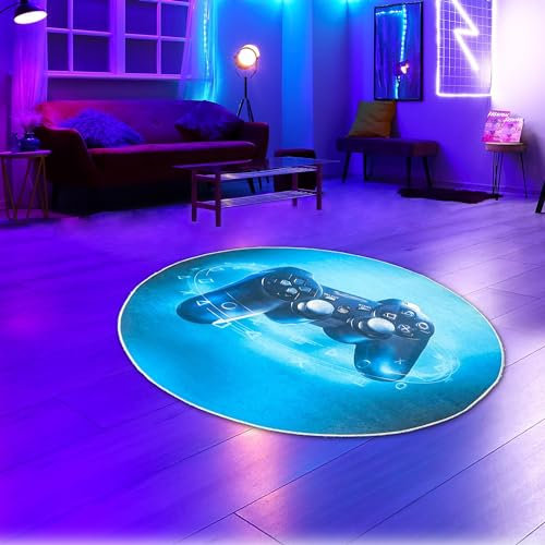 CARPETIA Gaming-Teppich Gamer Zimmer Teenager rund lebendige Neon-Farben ikonische Symbole schwarzer Hintergrund 120 cm rund