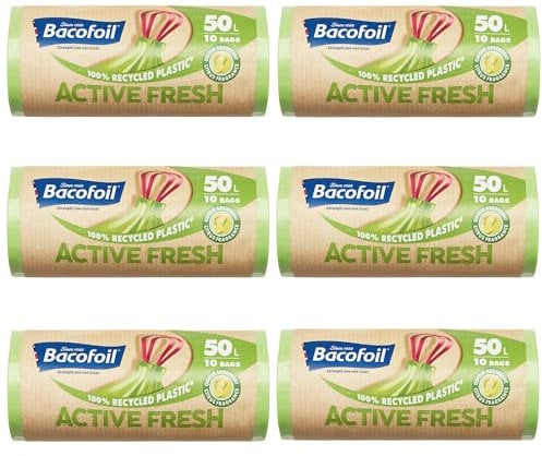 Bacofoil Active Fresh Bin Liners with Drawstring Handles 50L - Leak-Proof Bin Bag with a Citrus Fragrance to Prevent Odours (6 Rolls, 60 Bags)