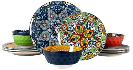 HENXFEN LEAD 12-teiliges Geschirrset, Tafelservice Porzellan für 4 Personen - Bunte Geschirr aus 4x Speiseteller, 4x Dessertteller, 4x Salatschüssel - Bohemian Style