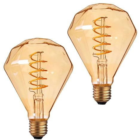 LEDSone Pack 2 | Vintage Decorative Edison E27 LED Light Bulb, G95 4W (Equivalent 40W) Non-Dimmable Diamond Shape Screw Spiral LED Filament Amber Glass Fancy Lighting Energy Saving Bulb
