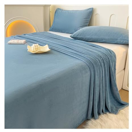 Warme Bettlaken ohne Gummizug Cashmere-Touch Warme Fleece Betttuch Flauschig Plüsch Flanell Haustuch ohne Spanngummi Größen (Color : Blue, Size : 120x230cm)