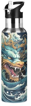 Linnyio Tatouage De Dragon Bleu Cool Gourde Sport Étanche,Sans BPA,Bouteille D'Eau Isolée Sport Tasse À Vide en Acier Inoxydable,1000ml/600ml