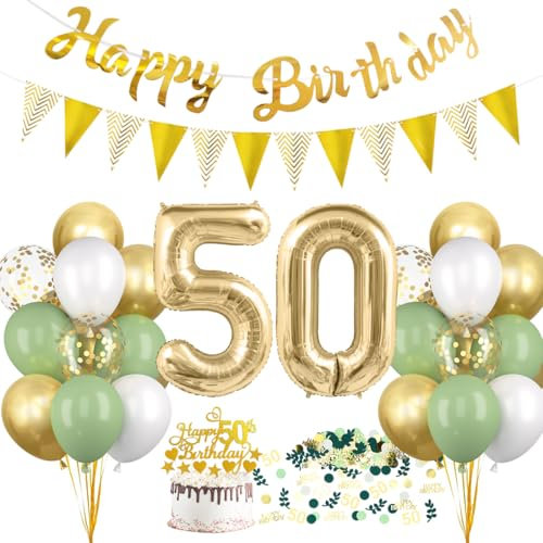 HUKUMA 50 Geburtstag Deko, Salbeigrüne Deko 50.Geburtstag Frauen Männer,50er Geburtstagdeko Luftballon mit Girlande Grün Weiß Gold,Tortendeko Avocado Grüne Konfetti Ballon für Geschenk