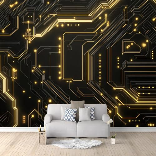 WHUOEUCO Fototapete Goldene Abstrakte Leiterplatte 200x140 cm 3D Wandbild Tapete, Modern Vlies Motivtapeten Groß Foto Tapete, Schlafzimmer Wohnzimmer Büro Wandtapete Deko