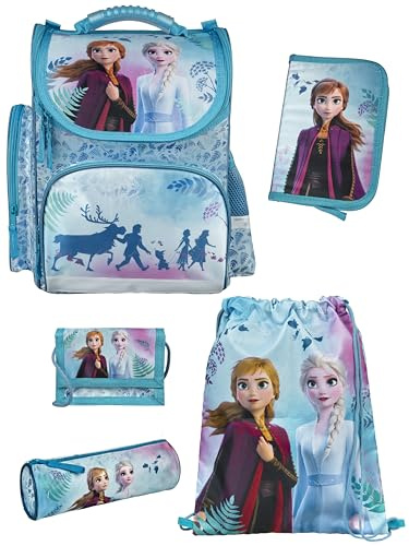 Familando - Schulranzen Set CLOU - 5-teilig mit Federmappe - Disney Eiskönigin (Frozen) - Ergonomisch, Stabil & mit gepolstertem Rücken - 930g leicht - 15L Volumen - Mit Reflektoren - ab 1. Klasse