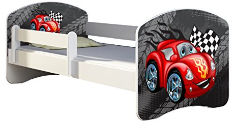ACMA Kinderbett 180x80 Jugendbett mit Matratze, Rausfallschutz, Lattenrost Weiß, stabil, Kinderzimmer Bett, Jugendmöbel Design 04 Rote Auto