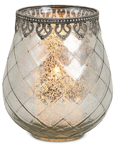 Vintage Kerzenglas Windlicht silber in 18 cm - Modernes Windlichtglas als Kerzenständer Laterne und Teelichthalter - Boho Kerzenhalter Teelichtglas für Wohnzimmer Tisch-Deko, Balkon, Hochzeit