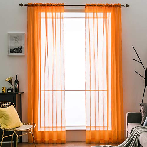 MIULEE Vorhänge Gardinen, Stangendurchzug Orange, 2er Set 145x140cm | Transparente Gardine aus Voile, Luftig Leicht, Einfarbig Dekoschal für Wohnzimmer & Schlafzimmer