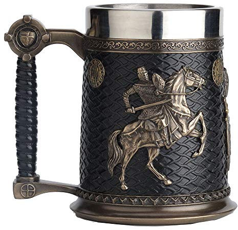 Veronese Design 14 cm 0,5 l Kreuzritter und Saladin Tempelsiegel, Bierkrug mit Edelstahlbecher, Skulptur, Tasse