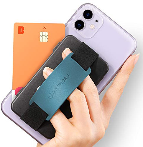 Sinjimoru Handy Kartenhalter, 3in1 Slim Wallet & Handy Halter mit Stander, Handy Fingerhalter, Fingerhalterung Handy fur iPhone und Android. Sinji Card Zip Band Grip Schwarz mit Band Petrol