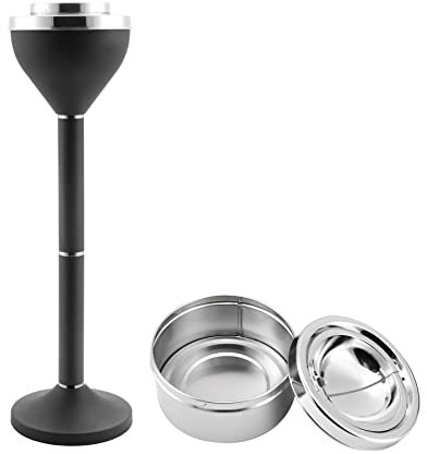 Anfrere Standing Ashtray Outdoor for Patio, Large & Tall Outside Ash Tray for Cigarette Butt Receptacle Disposal, Commercial Metal Smokers Cigar Ashtrays Container with Lid, Matte Black, B01DK