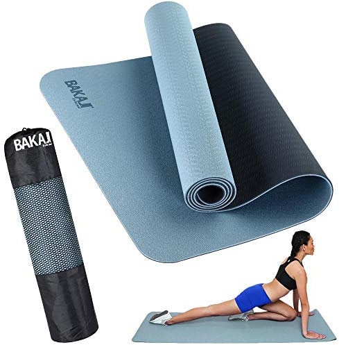 BAKAJI Tappetino Yoga in TPE Ecologioco Doppio Strato Antiscivolo Alta Densità Materassino Tappeto Allenamento Fitness Aerobica Palestra Dimensione 180 x 61 cm con Custodia (Azzuro/Blu Scuro)