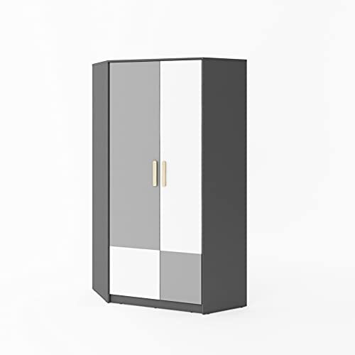 Arthauss Corner Wardrobe Pok PO-01 in Grey and White Matt - Space-Saving Wardrobe Organiser with Sliding Doors, Flat Pack Assembly, Includes Drawers and Hanging Rails