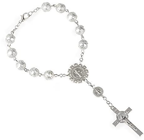 Bingxue Katholisches Geschenk Saint Christopher Reiseschutz 8MM / 0,31 Zoll Perle Rückspiegel Auto LKW Auto Rosenkranz