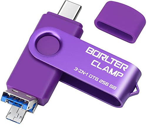 256GB 3 in 1 USB 3.0 Flash Drive Photo Stick for Android Phones, BorlterClamp OTG Memory Stick with 3 USB Ports (USB C, microUSB, USB A) for Samsung Galaxy, LG, Tablets, PC and More, Purple