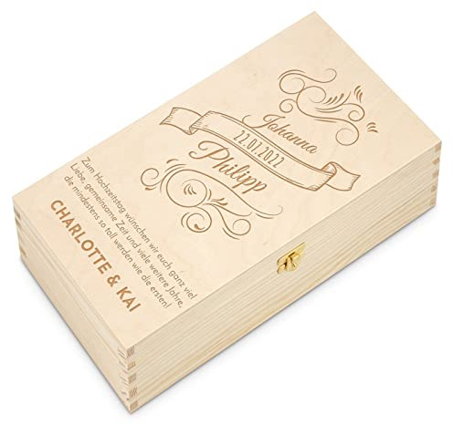 Maverton personalisierte Weinkiste - Holzschatulle für 2 Weinflaschen | Mit Verschluss, natürliches Kiefernholz, für Paare, zum Hochzeitstag, Hochzeit
