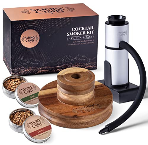 Smoky Crafts Acacia Whiskey Smoker Kit with Smoke Gun for Cocktails and Wood Chips (Apple & Cherry) - Cocktail Smoker Kit – Drink Smoker Infuser Kit (Torch Not Required)