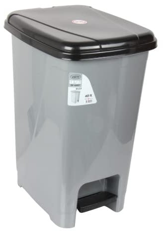 Jolie Max 40L Slim Kitchen Pedal Bin - Durable Plastic Waste Bin for Bathroom, Office & Outdoor - Silver with Black Lid.