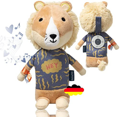Spieluhr Baby - Frei bespielbares Kuscheltier Baby | Kuschelige Einschlafhilfe Babys mit Schlaf-Timer - Musikbox Kinder als Plüschtier | Einschlafhilfe Kinder bis 6 Jahre | Löwe mit Stoffsäckchen