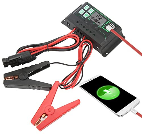 Générique Solar Charging,Intelligent Solar Panel Battery Regulator 12V/24V | Solar Panel Charger Controller with LCD Display Crocodile Clip Solar Regulator