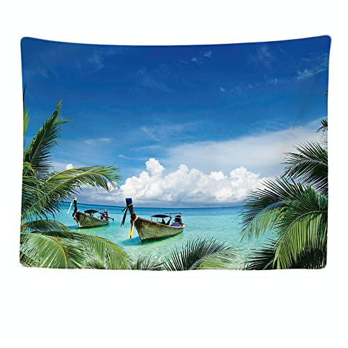 Ulticool - Strand Meer Boot Palmboom Natuur - Wandteppich - 200x150 cm - Großer Wandteppich - Poster Verzierung - Dekoration - Tapete - Leinwand - Malerei - Zubehör Raumteiler - Blau