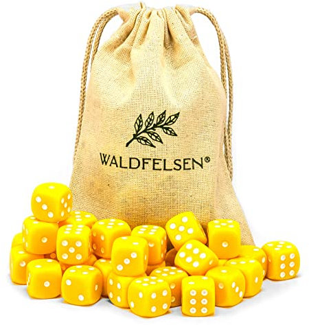Waldfelsen 6, 12, 20, 30 oder 50 hochqualitative Würfel Standardgröße 16 mm Acrylwürfel Knobel Spielwürfel Dice 6-seitig sechsseitig Spielzubehör Set mit Stoffbeutel (Gelb, 30 Stück)