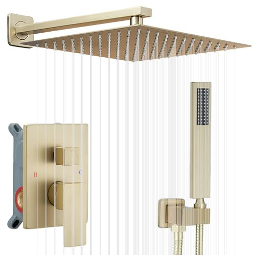 JingGang Gebürstetes Gold Duschsystem 12 Zoll Badezimmer Luxus Regen Mixer Dusche Combo Set Wandmontage Regendusche Kopf und Handsystem Dusche Wasserhahn Set Grob Ventil Körper und Verkleidung