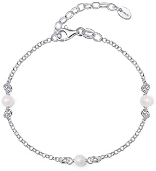 Amberta Frauen 925 Sterling Silber Süßwasser Perlen Armband: Silberne Perlenkette Armband mit 4-5 mm Perlen