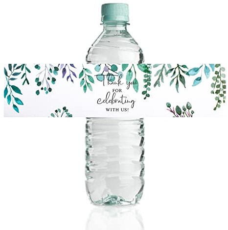 URROMA Hochzeits-Wasserflaschen-Etiketten, 50 St點k, Thank You, gr黱e Bl鋞ter, Wasserflaschen-Aufkleber, Wasserflaschen-Etiketten, personalisiert f黵 Geburtstag, Babyparty