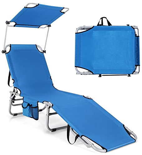 GOPLUS Chaise Longue Pliable Inclinable à 5 Positions, Transat Jardin Extérieur avec Auvent Rotatif à 360°, Bain de Soleil pour Patio, Plage, Piscine, Jardin,Charge 150 KG (Bleu)