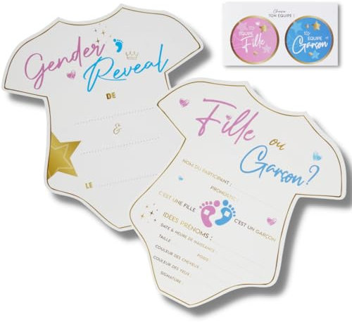 Gender Reveal CARTE DE PRONOSTIC + STICKERS Fille ou Garçon ? CoconPourBebe 24x cartes 2en1 invitation + jeux + 24x stickers CHOISIS TON ÉQUIPE à coller sur le T-shirt Décoration gender baby shower