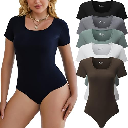Chongbaijia 5 Pack Women Short Sleeve Bodysuits Square Neck Casual Stretchy Basic Bodysuits Tops T Shirts
