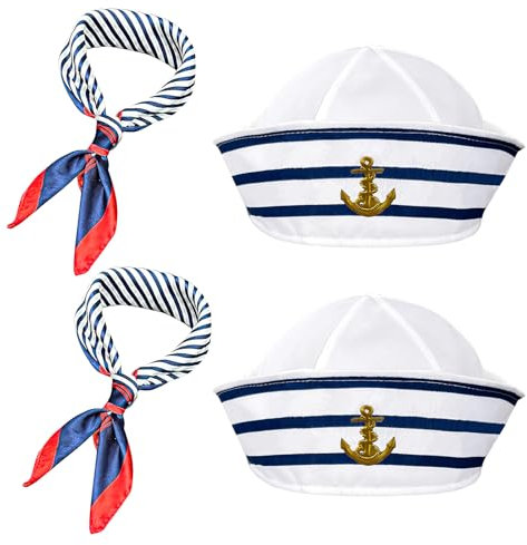 Kapitän Matrosen Kostüm Set 2 Packungen Streifen Matrosenmütze und Schal Streifen Matrosenmütze und Schal Set Matrosenschiff-Kappe marineblaues Outfit Verkleidungsparty für Damen und Herren