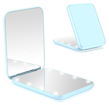 WOBSION LED Spiegel mit 1X / 3X Vergrößerung,Kleiner Reisespiegel mit Licht für Beleuchtung,Batteriebetrieben Taschenspiegel für Reise und Makeup,Tragbarer Handspiegel als Geschenk,Blau