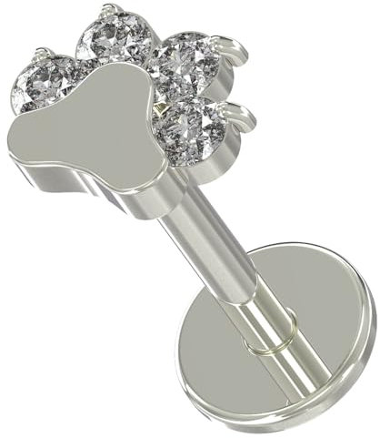 AZARIO LONDON G23 Titan Hundepfote mit Zirkonia-Stein oben Push Fit Labret – Tragus Bar Piercing – Labret Stud Helix – Tragus Ohrring, 16 Gauge - 8mm Length, Zirkonia, Zirkonia
