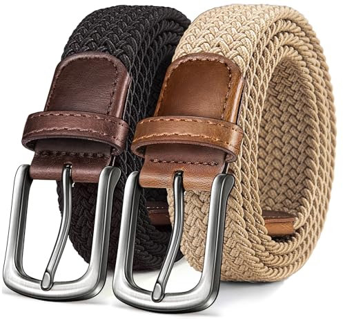 KEMISANT Gürtel Herren 2er, Elastischer Flechtgürtel Damen Herren Stoffgürtel Geflochten Stretchgürtel Golfgürtel 35mm(Schwarz/Beige,125cm/42-46 taille verstellbar)