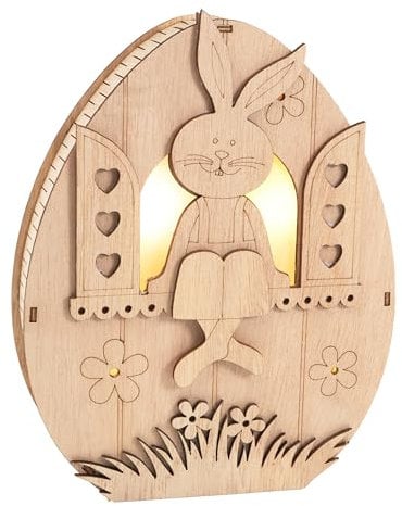 VBS Holz-Dekoration Holz-Ei mit LED - Hase im Fenster 5 x18x14cm aus Sperrholz und Folie Frühlingsdekoration Osterei