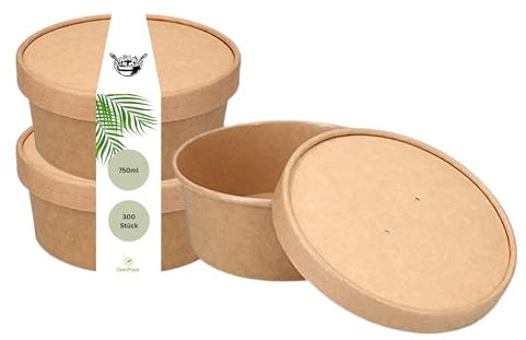 DeinPack 300 cuencos de ensalada de 750 ml | para llevar cuencos con tapa marrón redondo I cuencos reciclables de cartón kraft | Ensaladera con revestimiento interior de PLA I Tapa Kraft