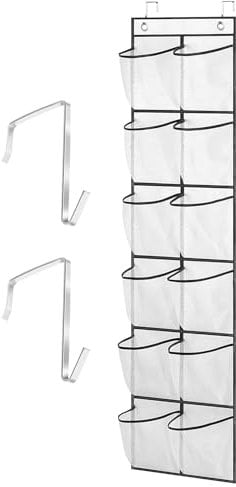 Feiyayi Over the Door Shoe Organiser With 12 Large Mesh Pockets and 2 Hooks for Narrow Closet, Bedroom, Bathroom - Hanging Storage (White, 145 x 30 cm)