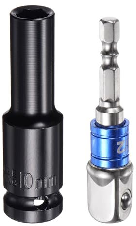 sourcing map 1/2 Drive 10mm 6-Point Deep Sockets 3 Length with 1/2 to 1/4 Hex Shank Adapters Electroplated, CR-V Steel Socket Adapter Accessory Set Kit for Hex Bolts Nuts