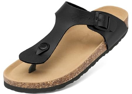 Mesing Zehentrenner Pantoletten Damen mit Natur Kork Fussbett Wildleder Flip Flops Rutschfest Sommer Slip On Flach Sandalen mit Verstellbare Schnalle XZ406-Black-EU40