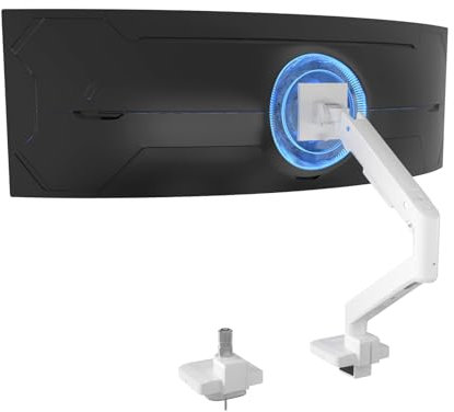 Gaming Monitor Halterung Tisch Gasdruckfeder, Tischhalterung für 17-49 Zoll (43-125cm) Curved Monitor, Schwerlast Monitor Arm Tragfähigkeit bis 20kg, Bildschirm Halterung für VESA 75&100mm (Weiß)