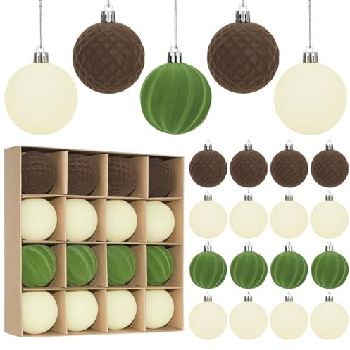 Miaikoe 16 Pcs Velvet Christmas Balls Hanging Ornaments Set, Pre-tied Shatterproof Plastic Flocked Christmas Balls Xmas Decorations Festival Holiday Party Decor (Beige,Green,Brown,6CM)