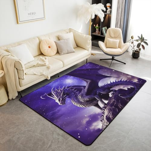 Drachenbereich Teppich 100Bx150L,Westlicher Pterosaurier Teppich,Fantasy Drachen Tiere Galaxy Glänzende Sterne Rutschfeste Innenbodenmatte,Lila Schwarz Dekorativer Teppich für Schlafzimmer Wohnzimmer