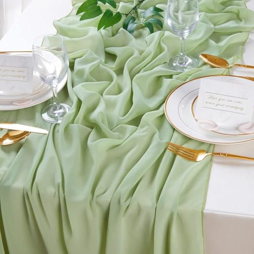 BrillShine Tischläufer Grün 2 Stück 70x300 cm Chiffon Tischband, Edle Käsetuch Tischdeko für Hochzeiten Outdoor Geburtstag Party Küchendekor