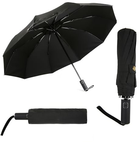 TECPEX Parapluie pliable portable, coupe-vent, automatique, compact, cadre solide pour voyage, résistant à l'eau, luxe et classique, Noir , S