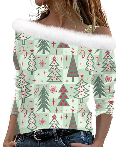 Plüsch Schulterfrei Langarm Pullover Mit Schulterriemen Off Shoulder Weihnachtspullover Glitzer Chritmas Drucken Oberteile Mesh Weihnachtsbluse Weihnachtsshirt Langarm Tunika Tops(Mint Green,L)