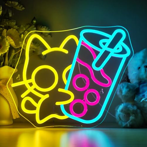 Horseneon Boba Tea Neonlichtschild Getränk Katze Neon licht schild Bubble Tea Neonschilder Getränke Neonlichter für Schlafzimmer Dessertläden Bar Wohnzimmer Geschäft Getränkeladen