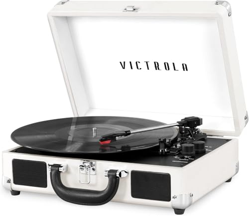 Innovative Technology Victrola Journey+ Vintage 3-Speed Bluetooth Portable Suitcase Record Player with Built-in Speakers | Upgraded Turntable Audio Sound | Includes extra Stylus | White/Silver